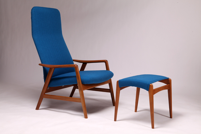 “Contour” reclining high back lounge chair with ottoman by Alf Svensson