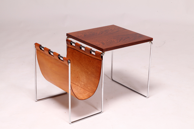Small table in rosewood with leather magazine holder